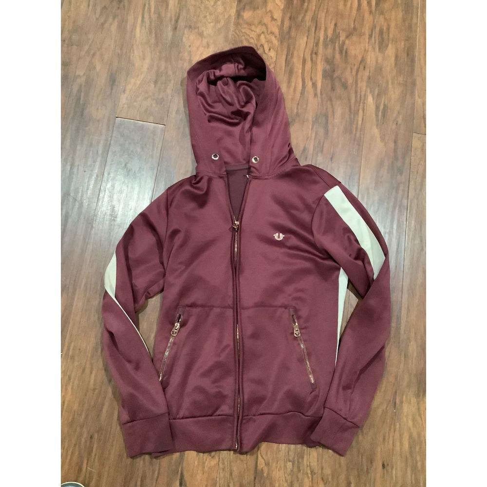 Men's True Religion Burgundy Hooded Zip Jacket With Biege Stripes Medium